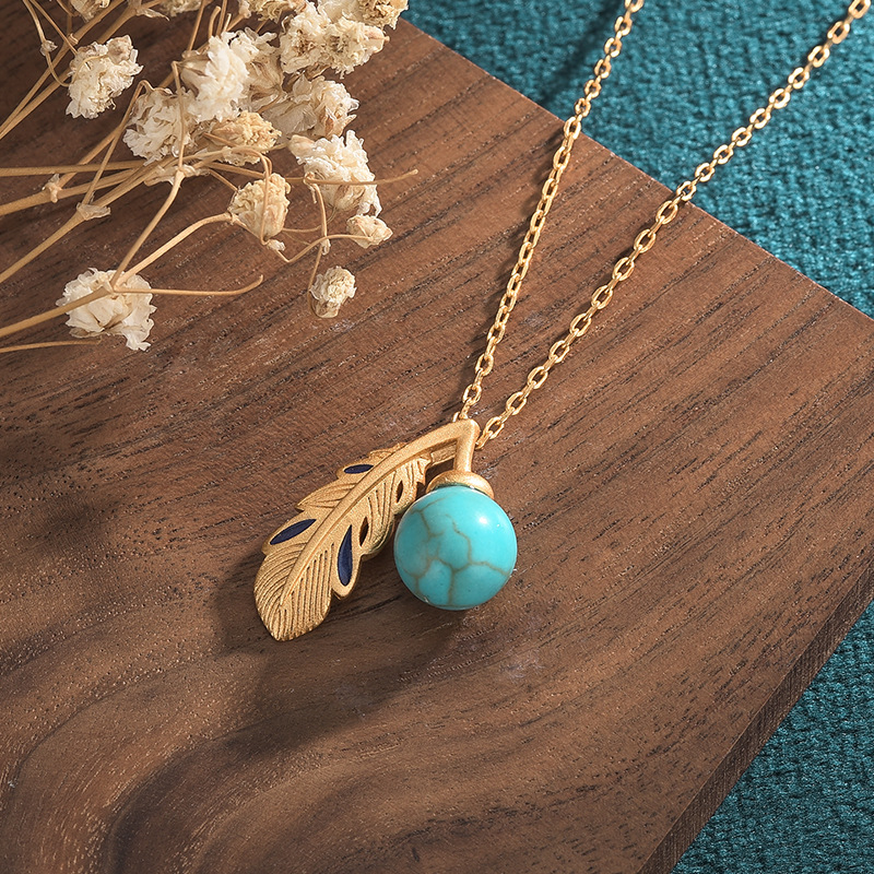 Vintage Necklace Ancient Gold Craft Inlaid Turquoise Feather Necklace
