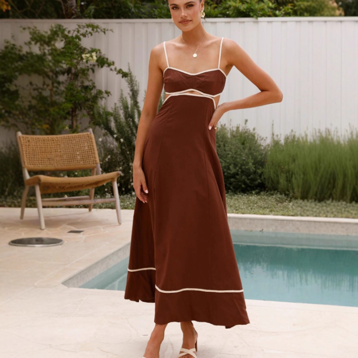 V neck Halter Spliced Sexy Casual Versatile Dress Brown - Shop at LoveMi
