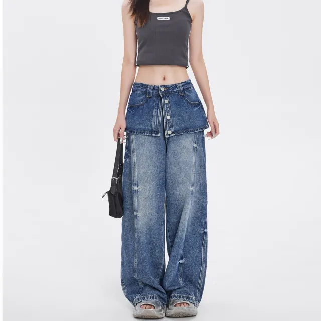 Retro Distressed Faux Two piece Design Wide leg Denim Jeans Blue - Shop at LoveMi
