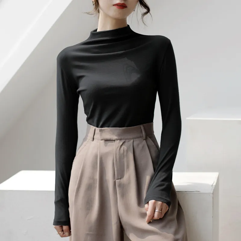 Half Turtleneck Solid Colour Inner Wear Slim Fit Long-sleeved T-shirt Women - Elegant Black