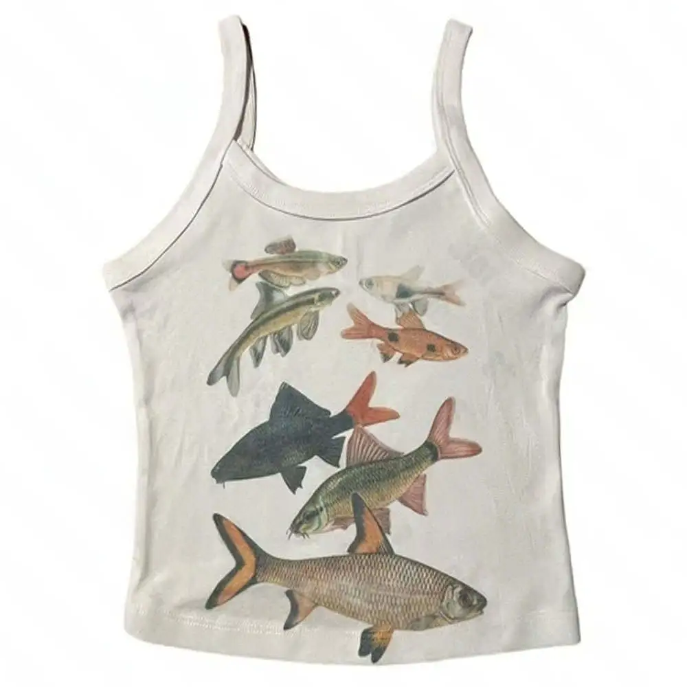 Abstract Goldfish Printed Square Collar Personality Slim Fit Sling - White Suspender