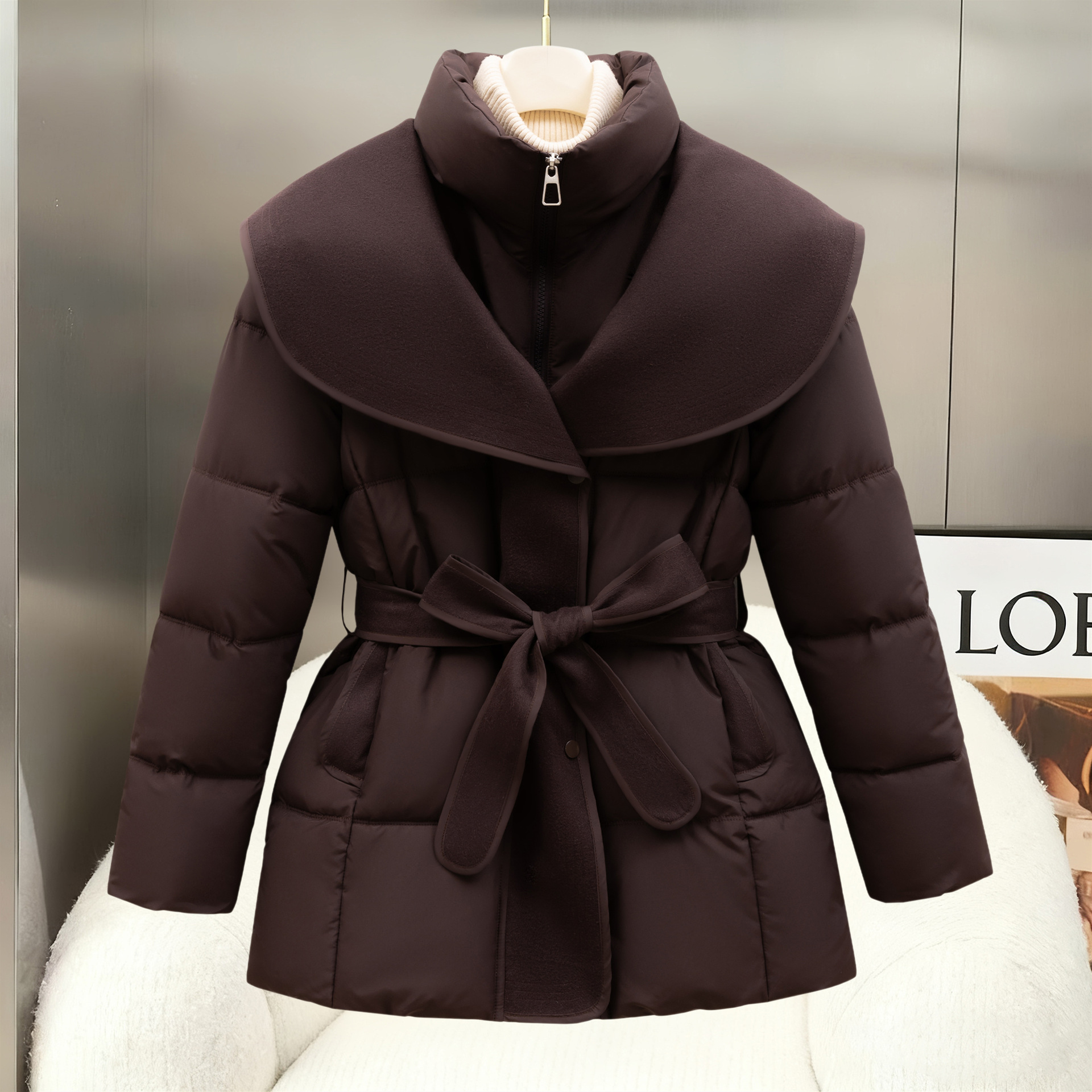 Women's Brown Belted Quilted Coat With Stand Collar And Wide Collar Overlay