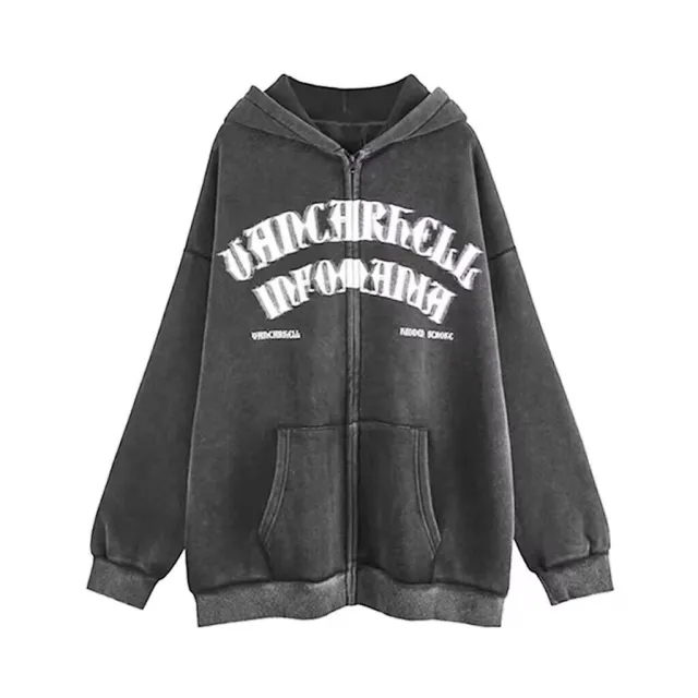 American Style Oversize Vintage Distressed Printed Letter Zipper Hooded Sweater Zipper Thin M - Shop at LoveMi