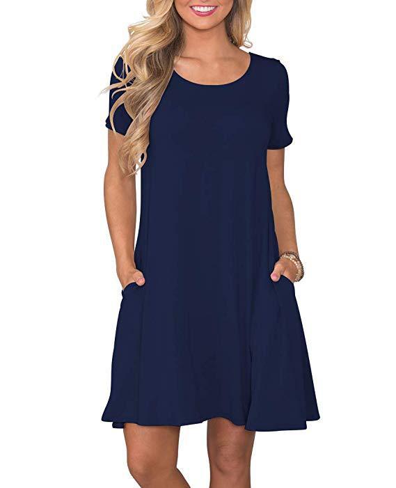 New Women's Round neck Solid color Casual Short sleeve Swing Dress With Pockets Dark Blue - Shop at LoveMi