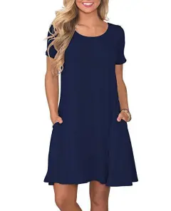 New Women's Round-neck Solid-colour Casual Short-sleeve Swing Dress With Pockets - Dark Blue - View 1