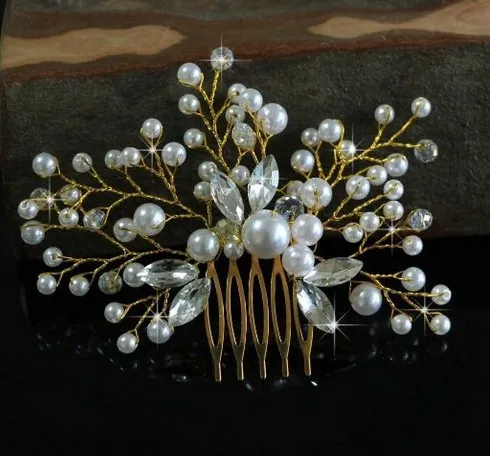 Bridal Headdress Pearl Hair Comb Wedding Bridal Ornament Gold - Shop at LoveMi