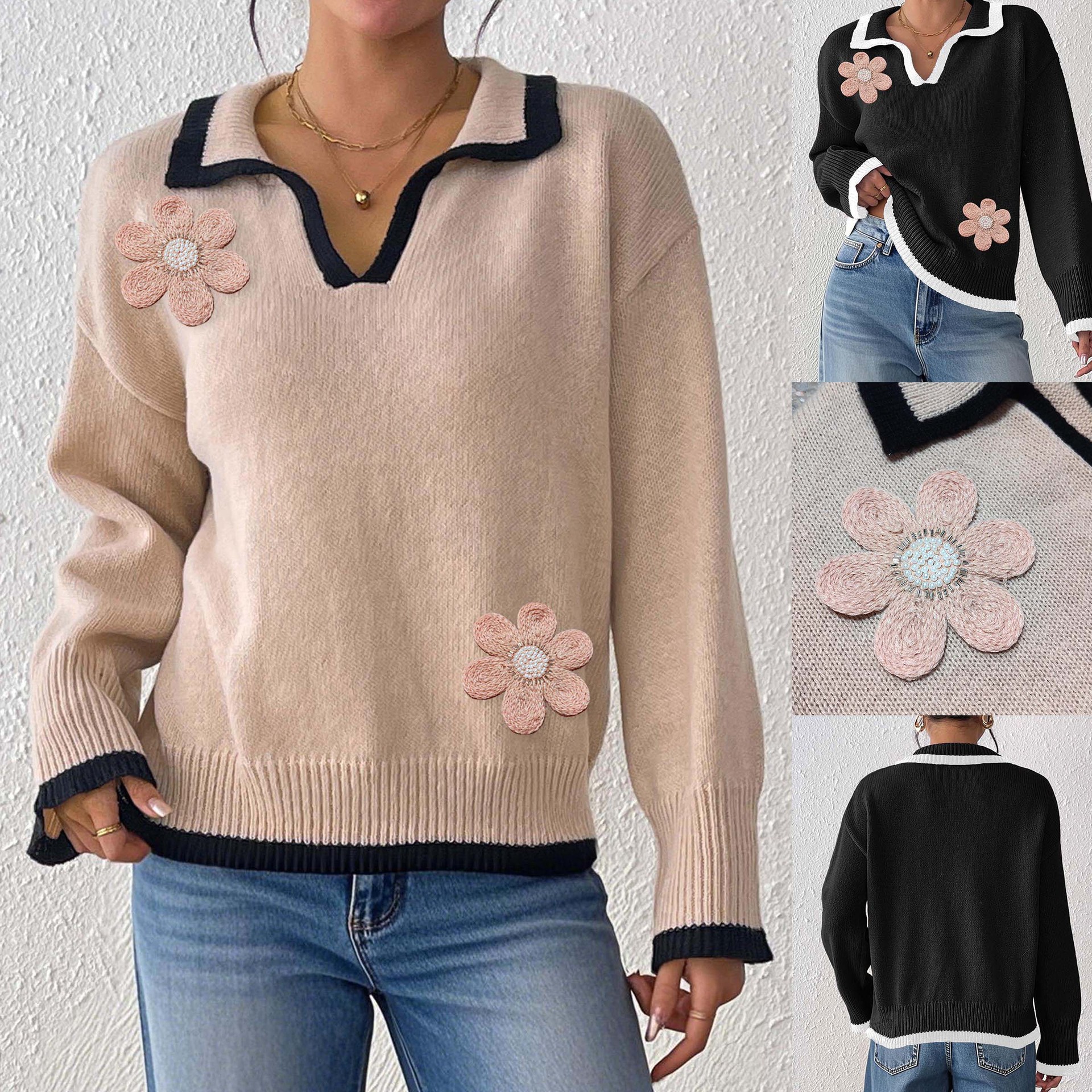 Floral-Embroidered Patchwork Long-Sleeve Top New Fall Winter