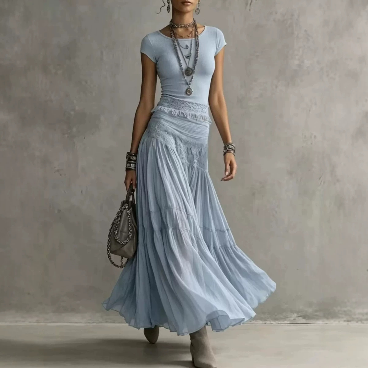 Fashionable And Flowing Knit Top With A Chiffon Long Skirt Set