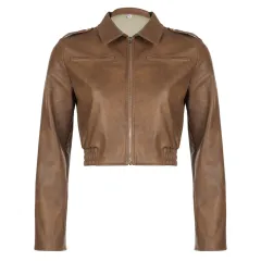 Solid Colour Zipper Small Loose Lapels Fashion American Leather Coat Women's - Brown - View 1