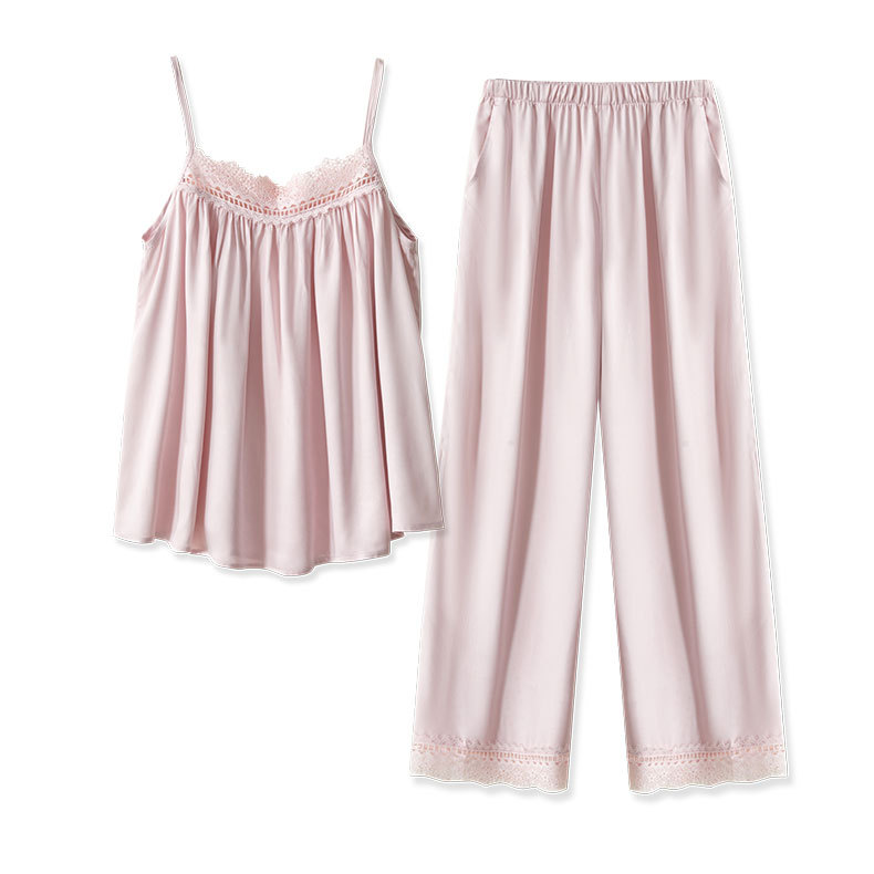 Rayon Satin Pure Desire Pajamas White Suit Lace Loose Comfortable Suspender Trousers Pink - Shop at LoveMi