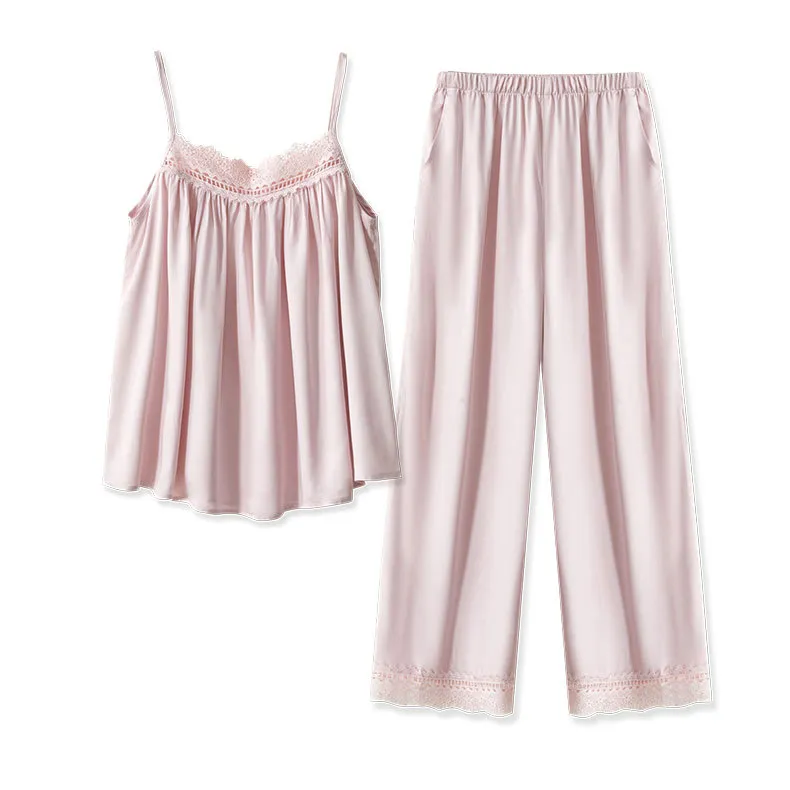 Rayon Satin Pure Desire Pajamas White Suit Lace Loose Comfortable Suspender Trousers - Pink