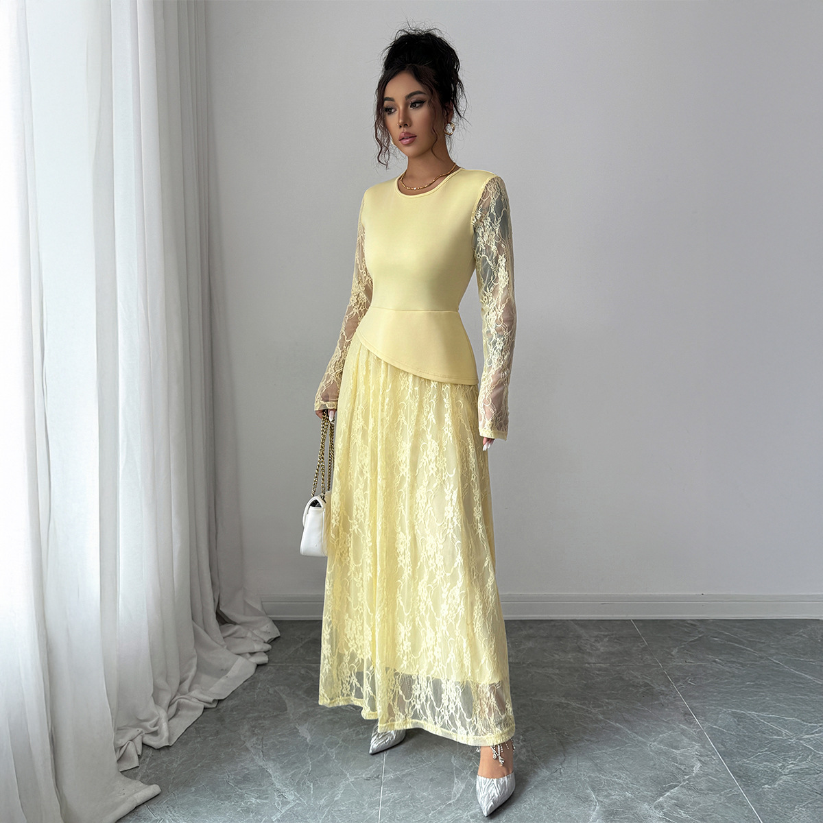 European And American Elegant Style Lace Long Sleeve Maxi Dress Women's Clothing Yellow - Shop at LoveMi