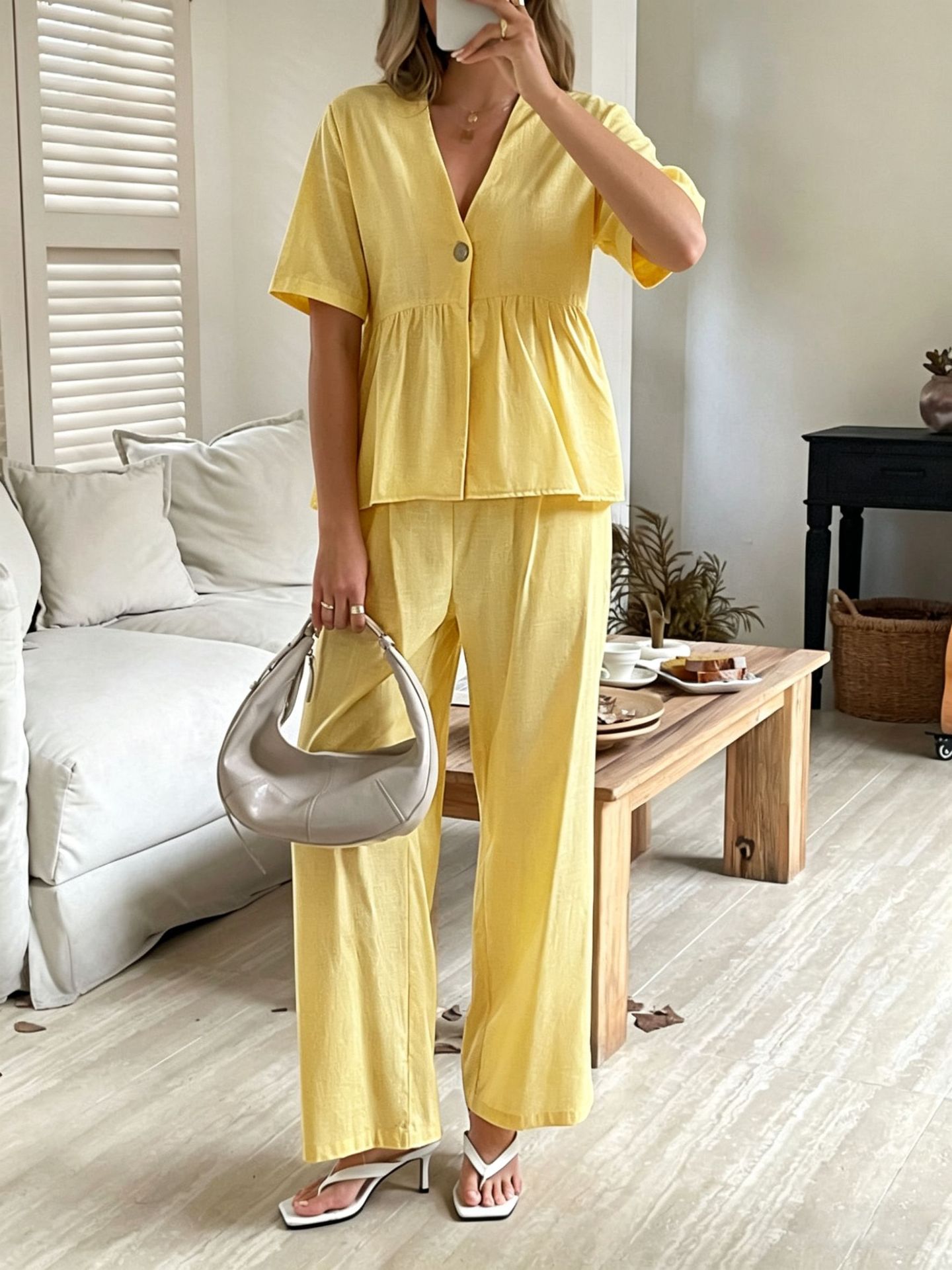 Women's V-Neck Loose Top and Wide-Leg Pants in Yellow – summer style
