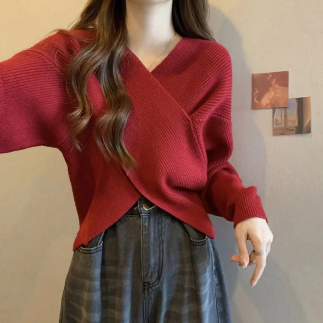 Early Autumn Cross Design Sense V neck Red Gentle Style Sweater Red - Shop at LoveMi