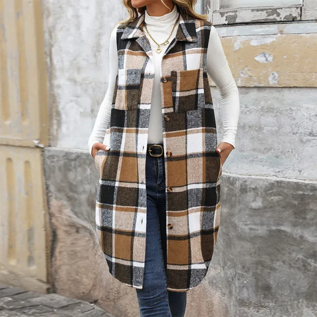 Women's Retro British Style Commute Leisure Lapel Long Plaid Coat Khaki - Shop at LoveMi