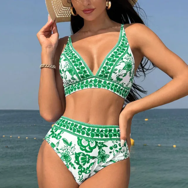 Split Bikini High Waist Print Swimsuit Green - Shop at LoveMi