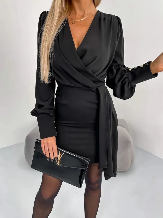 Solid Color Long Sleeve V neck Zipper Dress Women Black - Shop at LoveMi