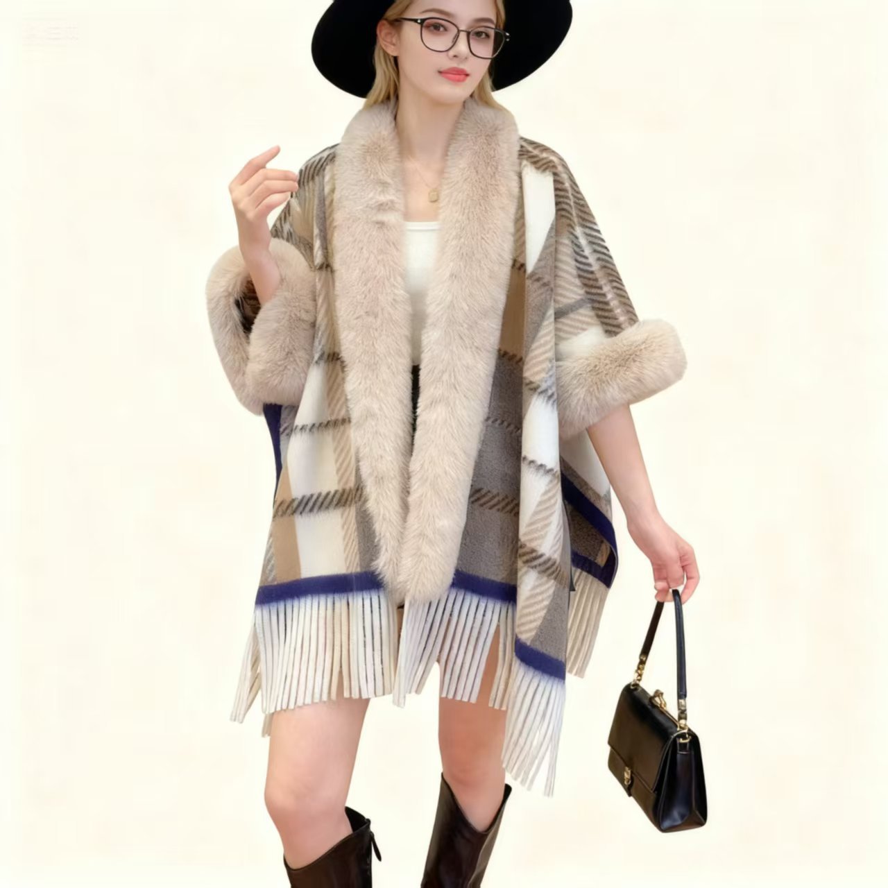 Women's Casual Plaid Tassel Cape Coat
