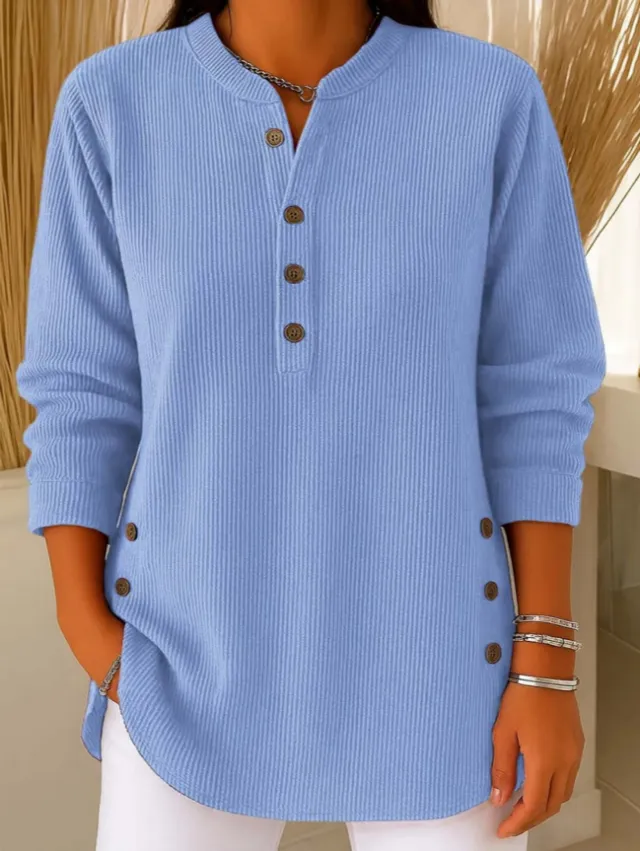 Solid Color Loose Casual V neck Button Long sleeved Women Blouse T shirt Blue - Shop at LoveMi
