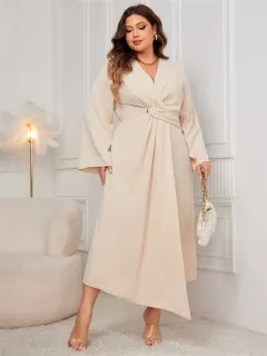 Long Sleeve Waist Slim Irregular Cut Dress - Apricot - View 1