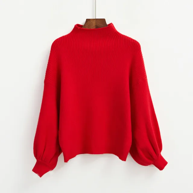 Half Turtleneck Lantern Sleeve Sweater Loose Slim Looking Base Knitwear Red - Shop at LoveMi