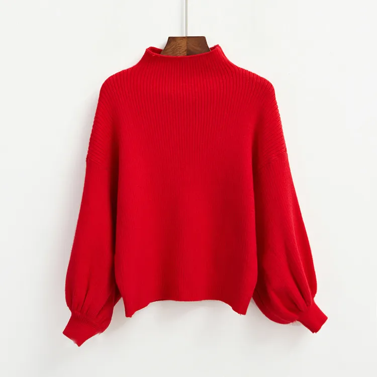 Half Turtleneck Lantern Sleeve Sweater Loose Slim Looking Base Knitwear - Red