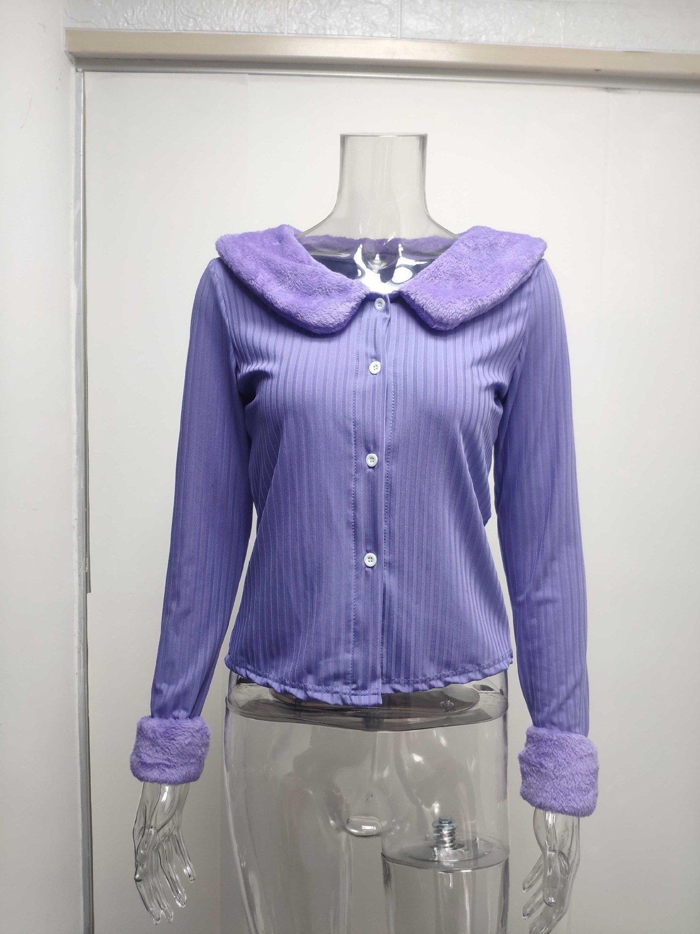 Title 13, Gebreide Jas Blouse met Wollen Kraag Lange Mouw...