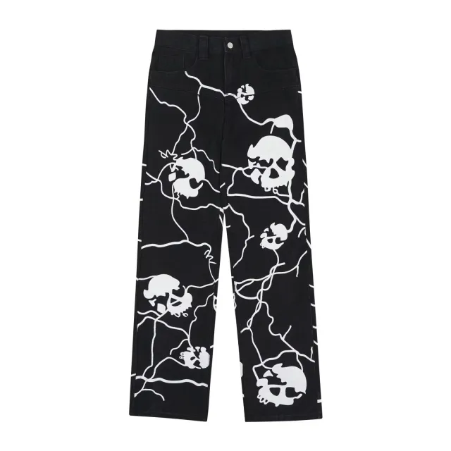 Lightning Skull Washed Denim Trousers Black - Shop at LoveMi