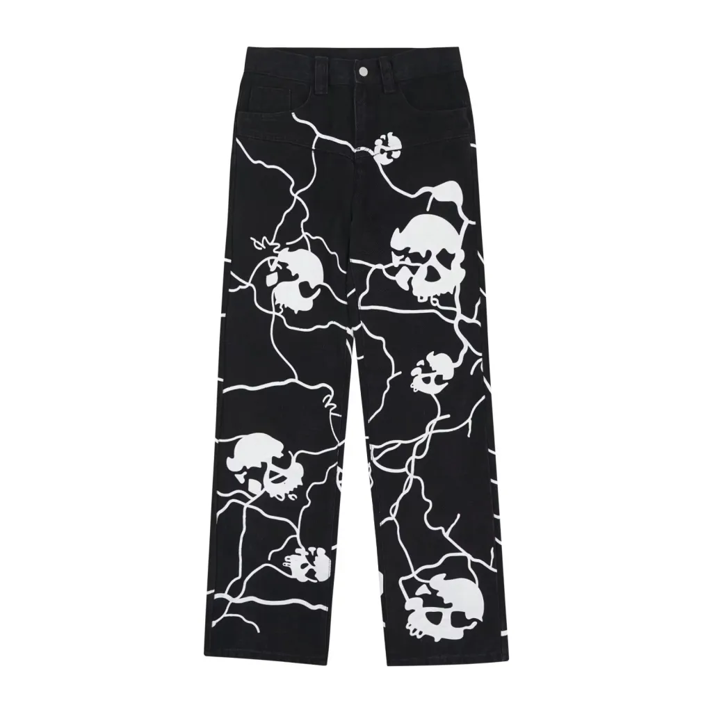 Lightning Skull Washed Denim Trousers - Black