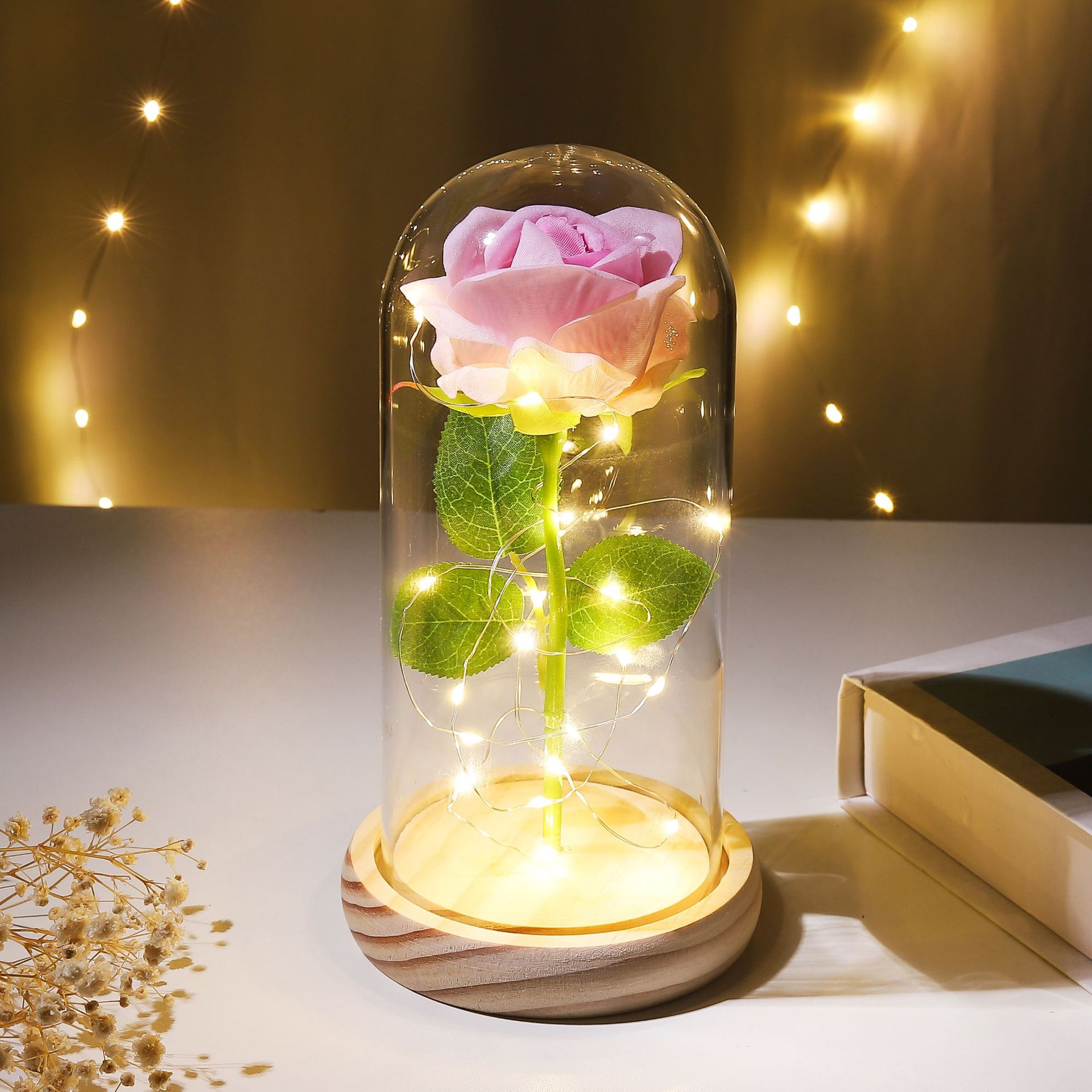 Preserved Flower Glass Dome Artificial Rose Night Light For Christmas