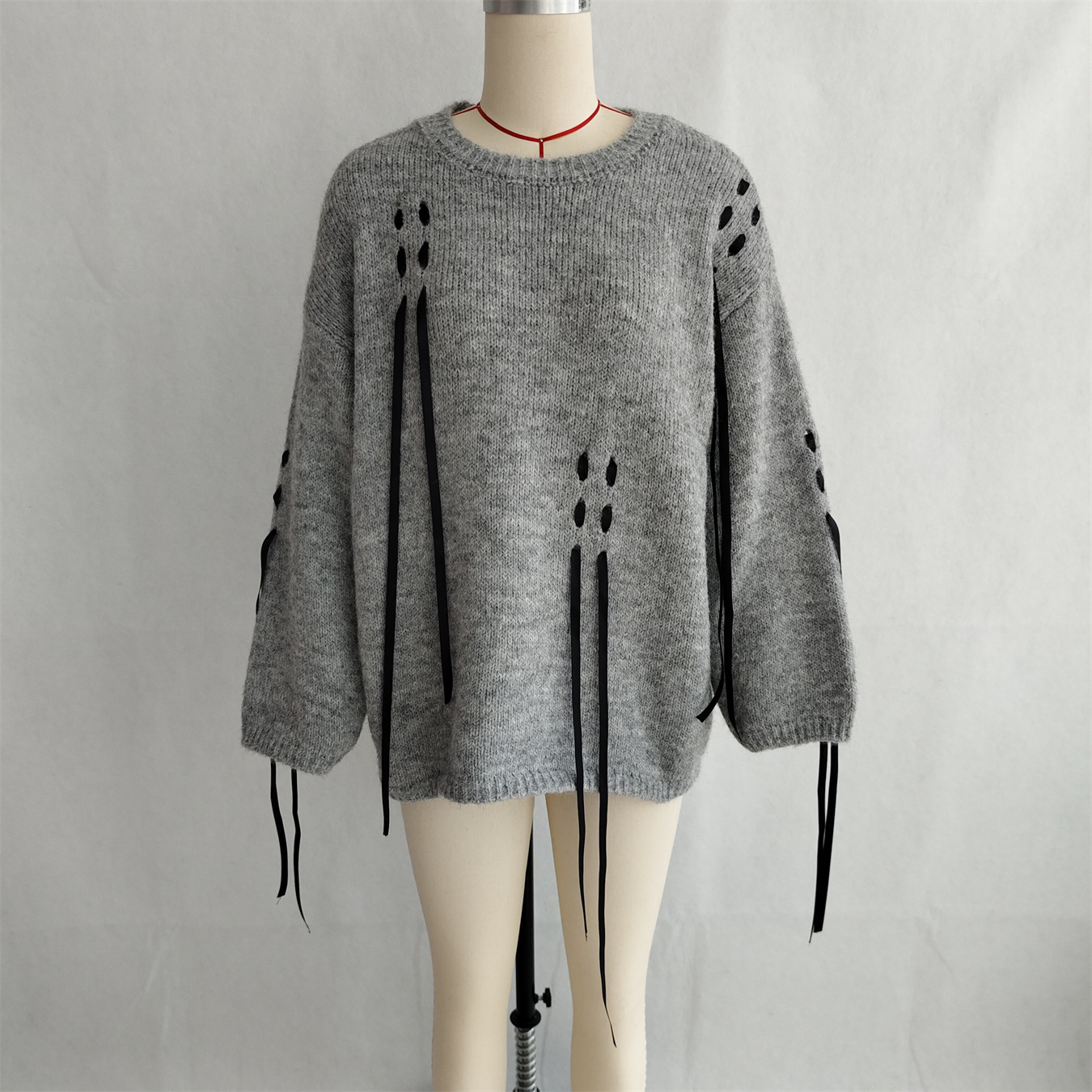 Handmade Lace-up Knitted Round Neck Long Sleeve Loose Sweater