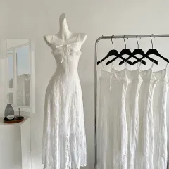 Three-dimensional Flower Lace Slimming Waist Trimming Spaghetti Straps Dress - White Skirt - View 1