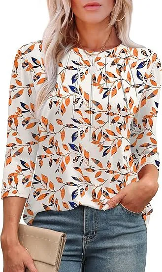 Casual Pleated Round Neck Printed Top Orange Wicker - Shop at LoveMi