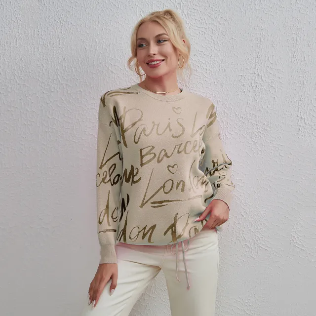 Women's Street Letters Knitted Sweater Khaki - Shop at LoveMi