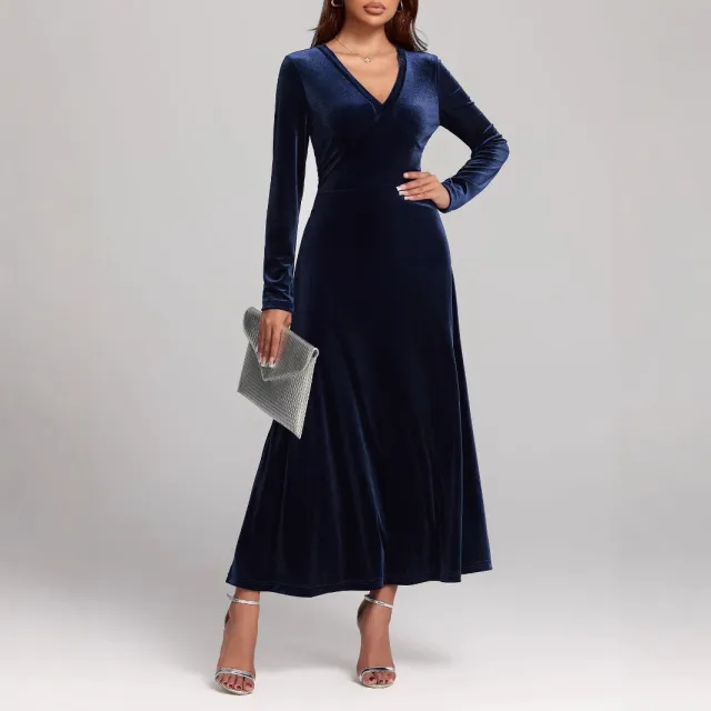 V neck Long Sleeve Evening Dress Pleuche Dress Blue - Shop at LoveMi