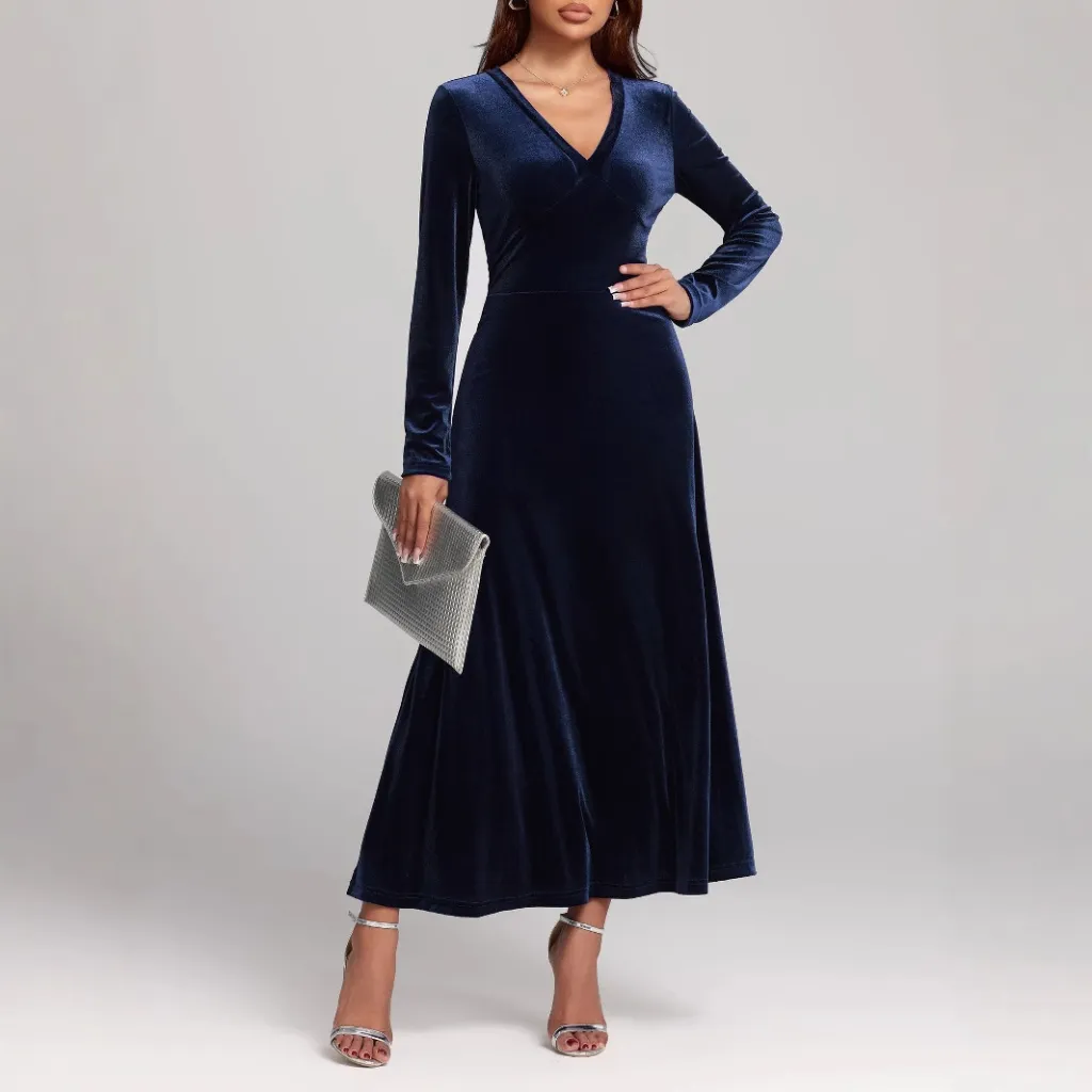 V-neck Long Sleeve Evening Dress Pleuche Dress - Blue
