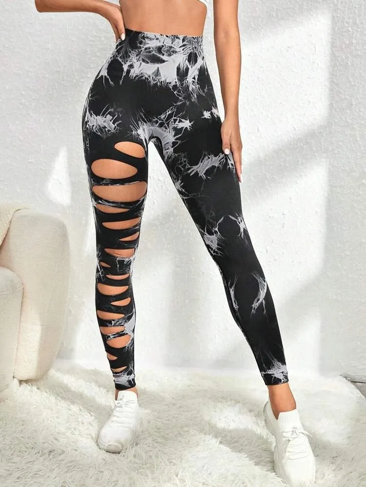 Hollow Tie-dye Yoga Pants High Waist Hip Lift Fitness Pants - Black