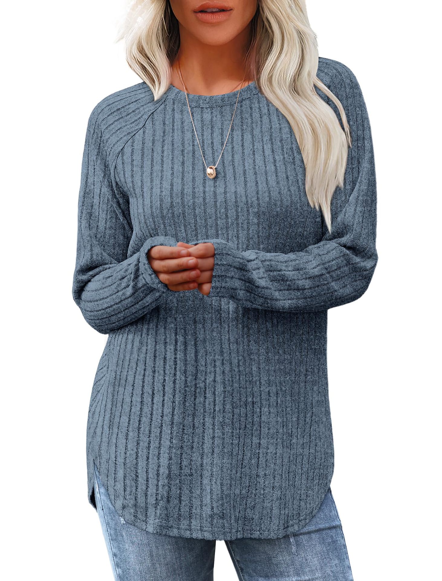 Women&#39;s Loose Round Neck High-Low Curved Hem Tops