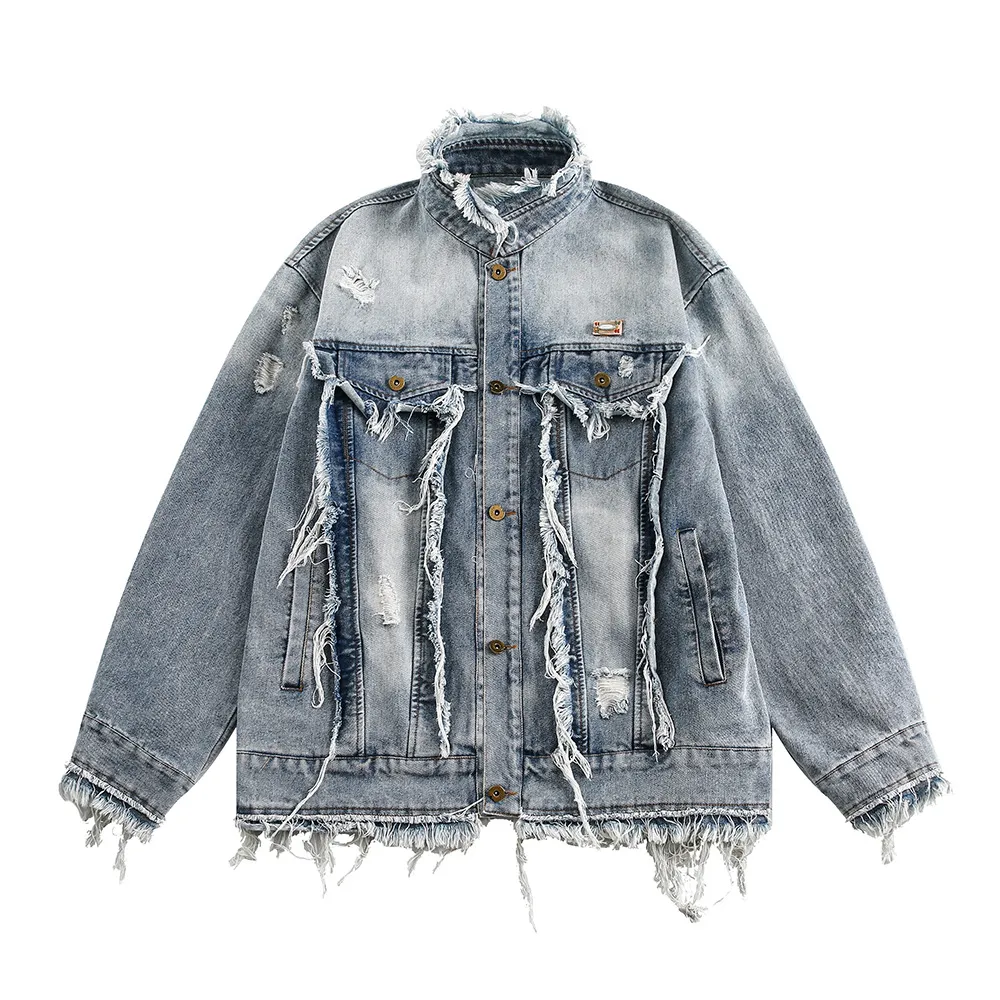 Punk Old Wash Cat Beard Denim Jacket - Blue