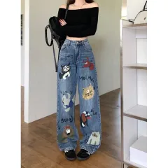 Female American retro high street graffiti jeans - Blue - View 1