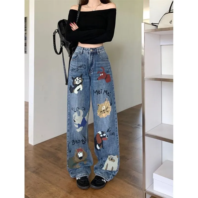 Female American retro high street graffiti jeans - Blue