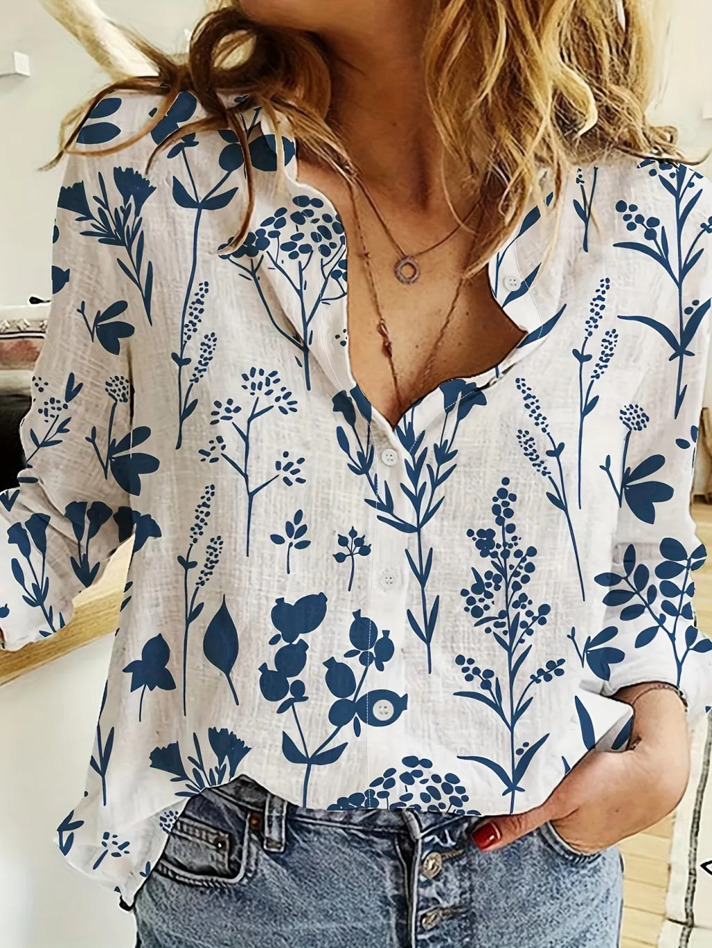 Women's 3D Digital Printing Lapel Collar Long-sleeved Shirt - Color-M