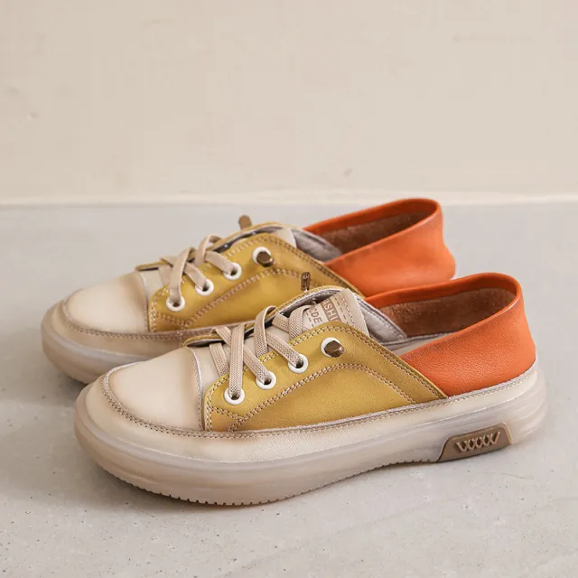 First Layer Cowhide Retro Loafers Women's Color Matching Slip on Maternity Soft Bottom Casual Shoes Yellow - Shop at LoveMi