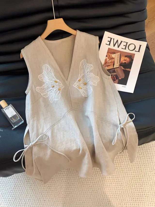Laqian Style Embroidered V neck Linen Vest Women's Summer High end Versatile Loose Slimming Sleeveless Top - Shop at LoveMi