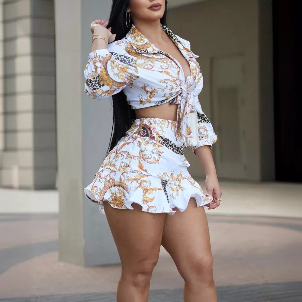 Printed Lace Up Shirt Top And Hem Skirt Outfit