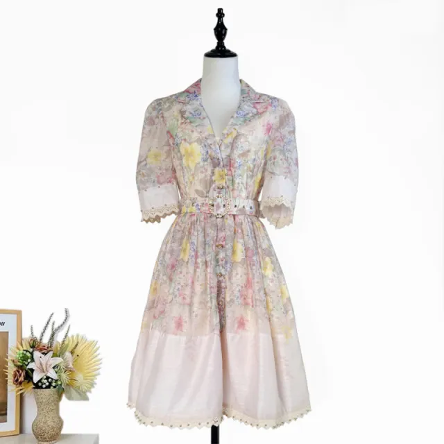 Vintage Printed Heavy Industry Beads Lace Stitching Dress Short And Belt Color - Shop at LoveMi