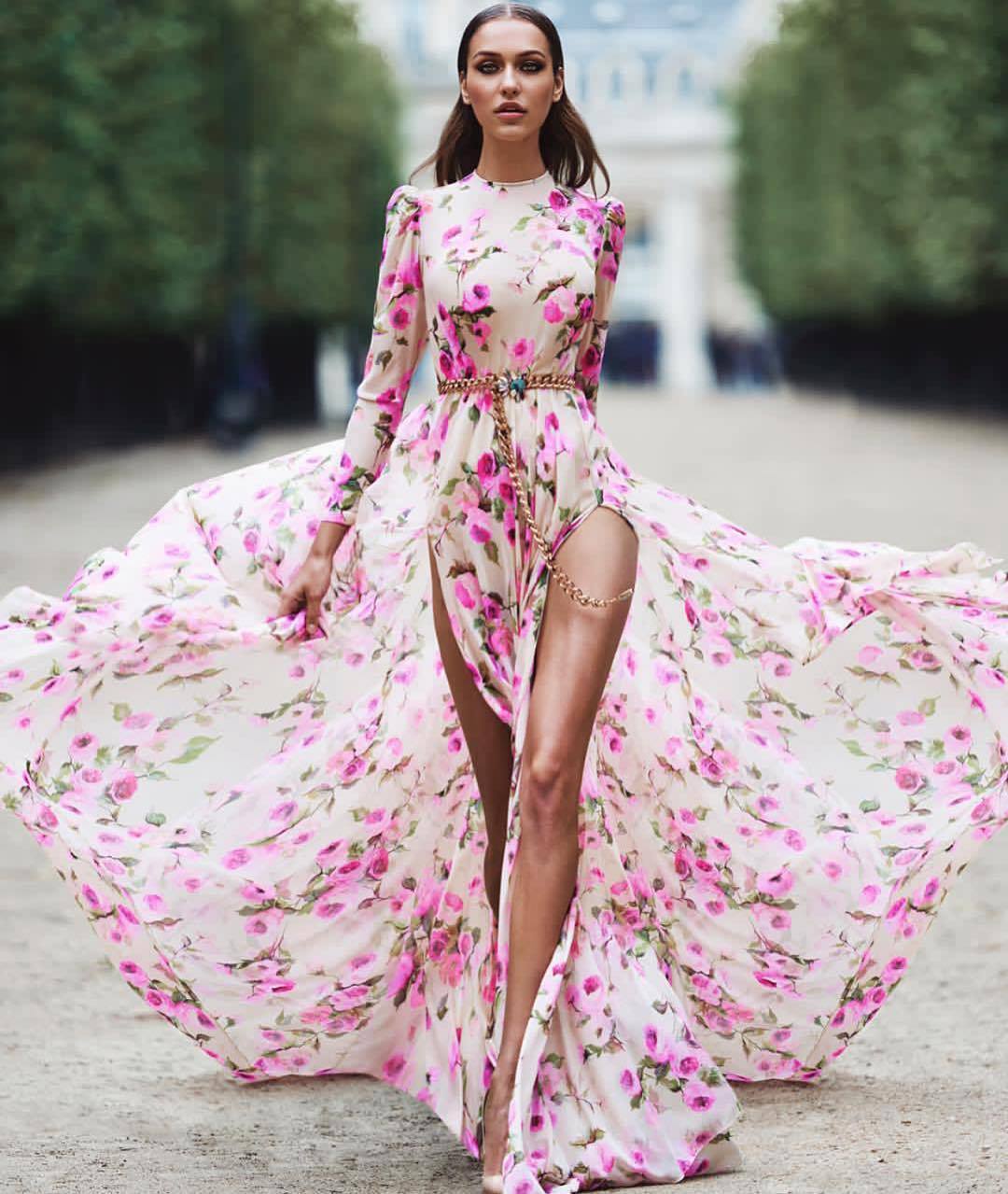 New European And American Foreign Trade Women's Clothing Printed Large Swing Dress Slit Fashionable Long Dress Beach Dress Pink - Shop at LoveMi