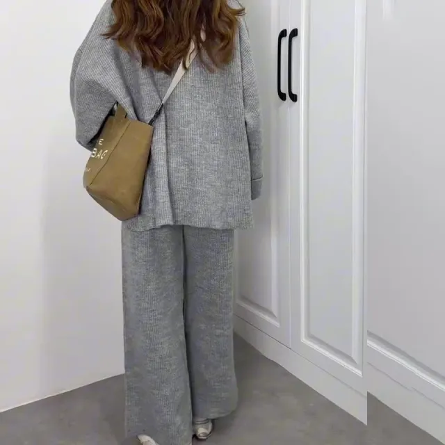 Women's Knitwear Casual Fashionable Trousers Suit Gray - Shop at LoveMi