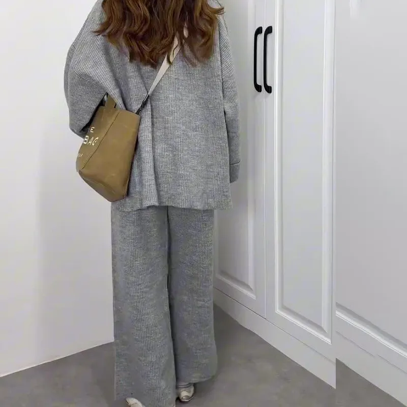 Women's Knitwear Casual Fashionable Trousers Suit - Gray