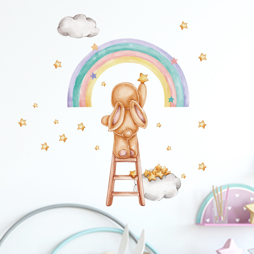 Title 5, Watercolor Rainbow Rabbit Wall Sticker Girl Roo...